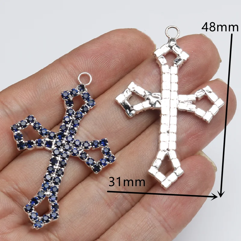 4pcs Metal Welding Technology Blue Rhinestone Hollow Catholic Cross Pendant DIY Charm Necklace Earrings Jewelry Crafts Making