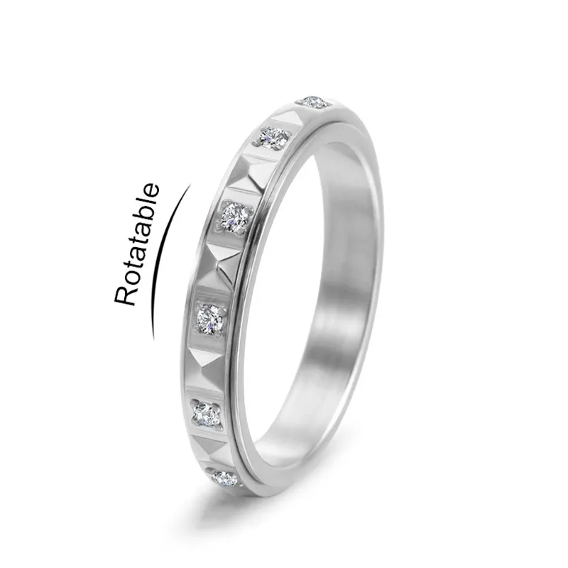 3mm Thin Stainless Steel Pyramids CZ Eternity Spinner Ring Wedding Band for Women Girl Size 5-10