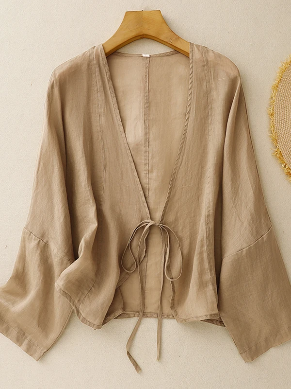 

Retro Cotton Linen Ladies Summer Loose Belted Long Sve V-Ne Casual irt Sun Protection Five-Quarter Sve Pure Color Top