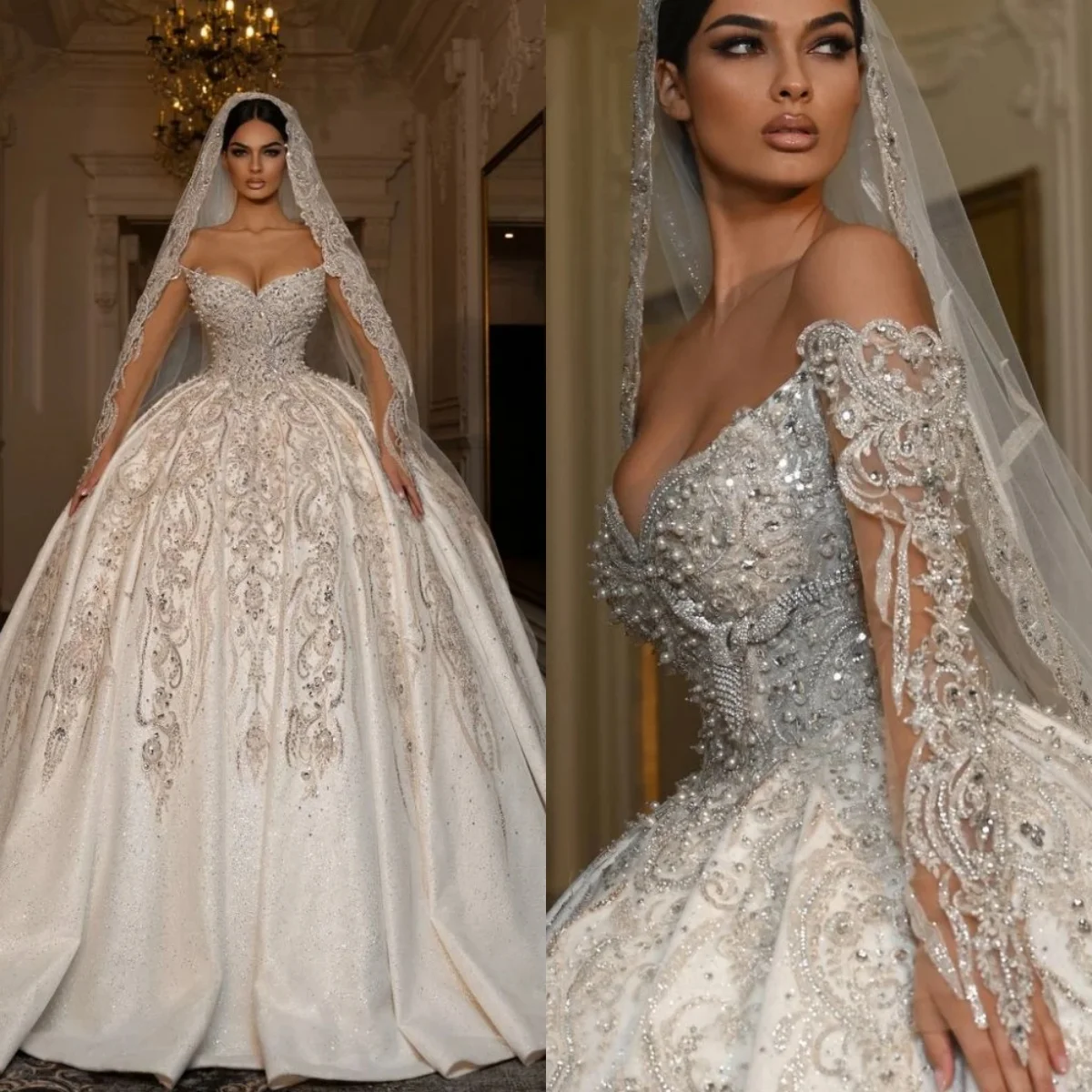 

Gorgeous Ball Gown Wedding Dress Off Shoulder Long Sleeves Bridal Gowns Sequins Appliques Pearls Sweep Train Dresses Customized