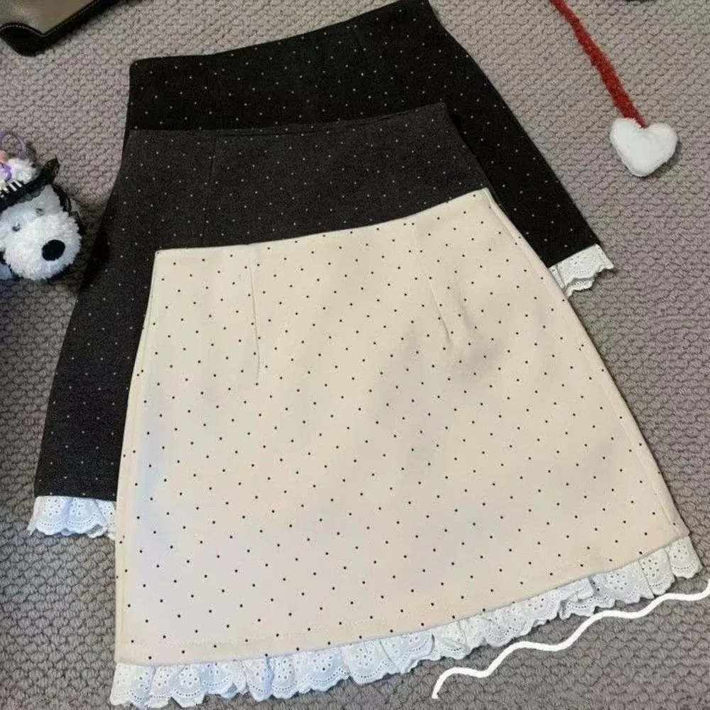 Sweet Elegant Mini Skirt Lace Ruffles High Waist Polka Dot Skirt Polka Dot Pattern Retro Style Bodycon Skirt Women Summer Wear