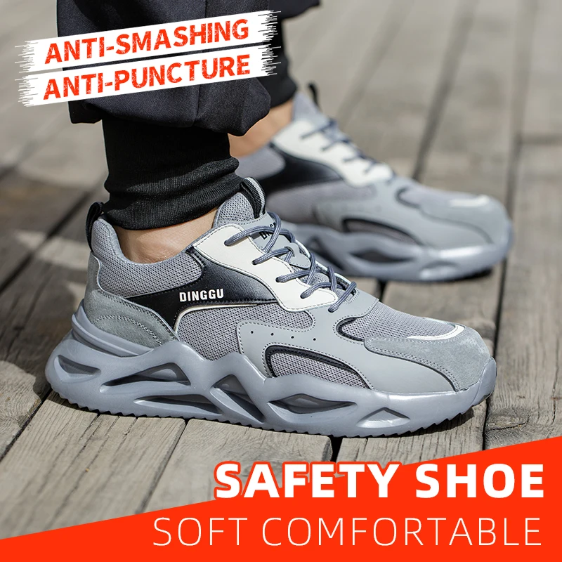 Men's Safety Shoes Puncture-Proof Steel Toe Anti-Smashing Anti-Skid Shock-Absorbing Breathable Steel Toe Lace-Up Work Shoes