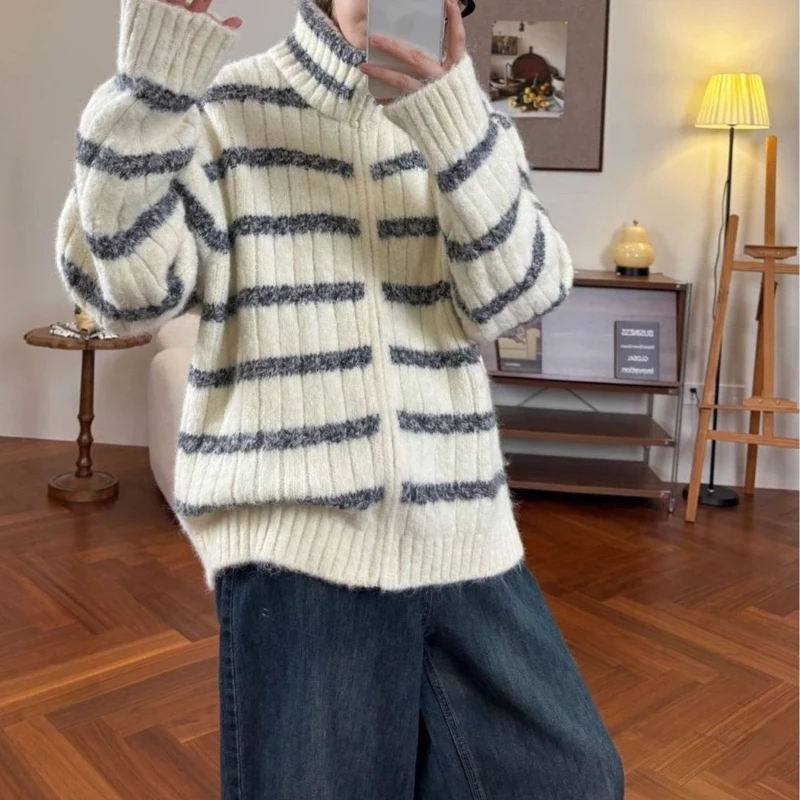 

Retro Lazy Loose Sweater Jacket for Autumn and Winter Versatile Stand Up Collar Zipper Knitted Cardigan Top