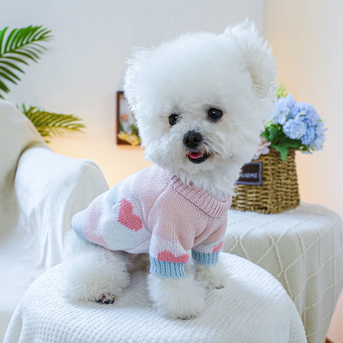 1PC Pet Clothing Spring and Autumn Dog Hoodie Elastic Blue Pink Love Jacquard Sweater Suitable for Small and Medium sized Dogs