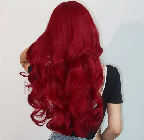 Pelucas sintéticas de color rojo vino, pelucas de pelo Natural largo ondulado con flequillo para mujer, peluca de Cosplay de Lolita, fibra resistente al calor