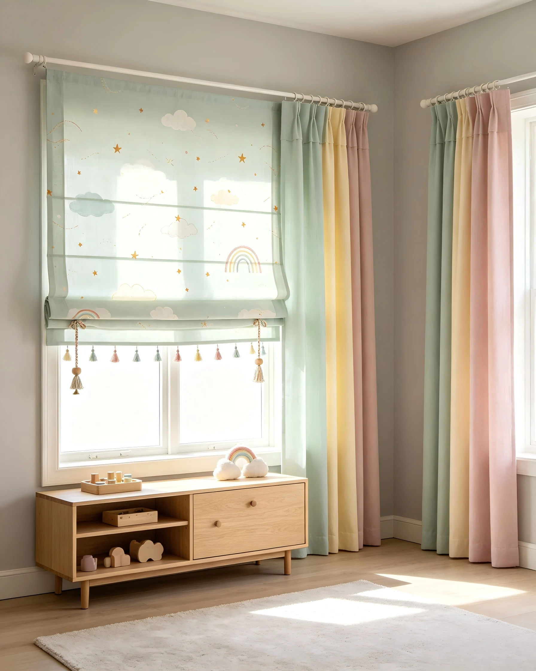200398  Cotton linen blend+hand-painted cloud star print+colorful pendant cotton rope tassel curtain
