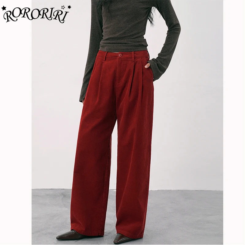 RORORIRI Retro Red Corduroy Casual Pants for Women 2025 Fall New Arrival Pleated Straight Floor-Length Trousers Mujer Tailor
