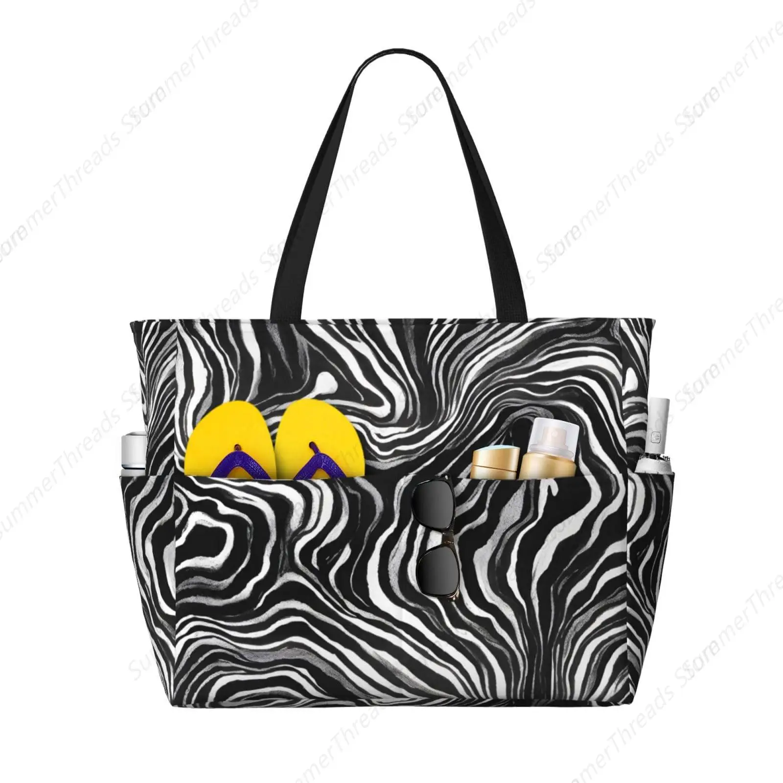 Bolsa de playa impermeable de mármol negro para mujer, bolsa de playa a prueba de arena, bolsa de piscina de gran capacidad, bolsas de lona de viaje plegables