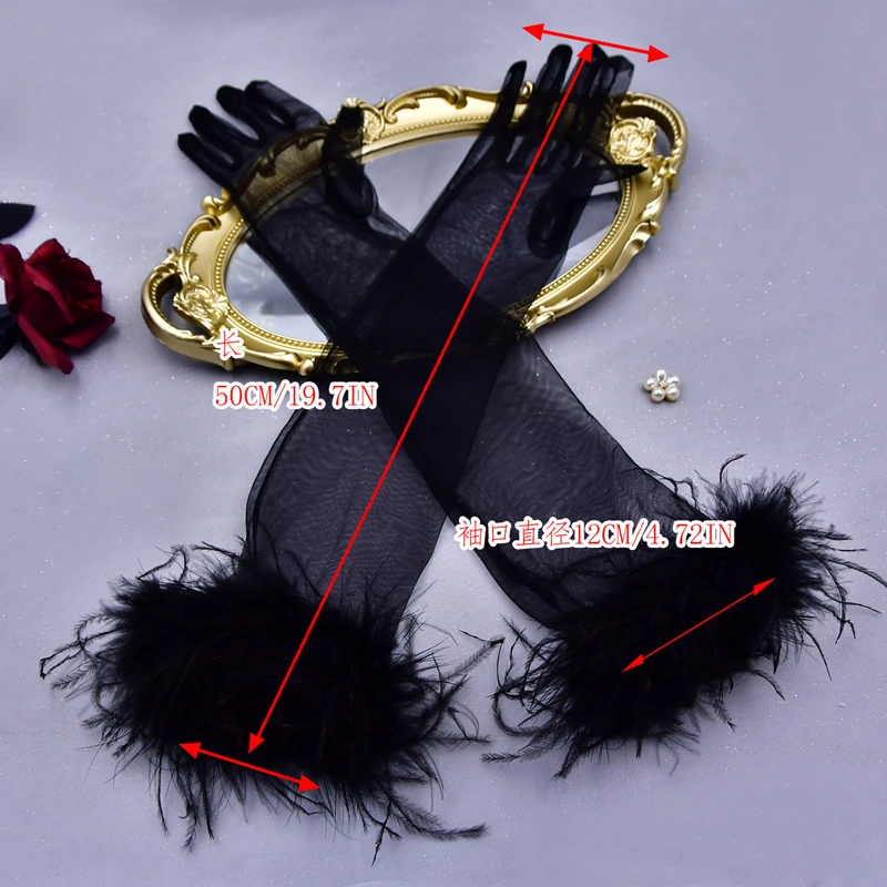 Fashion Thin Bridal Etiquette Gloves Stage Feather Sleeves Long Stretchy Elbow Tulle Opera Gloves Costume Evening Party Gloves