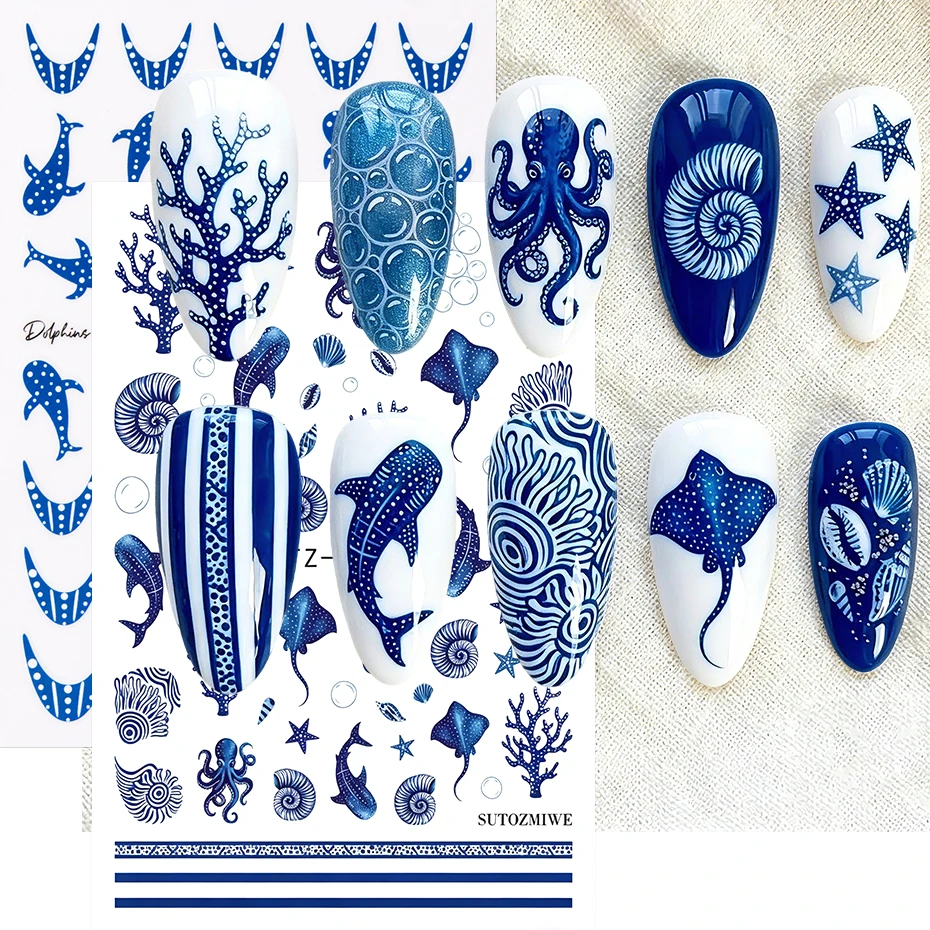 2 pegatinas azules para decoración de uñas con diseño de ballenas, pulpos, corales, estrellas de mar y conchas marinas, decoraciones de manicura de verano