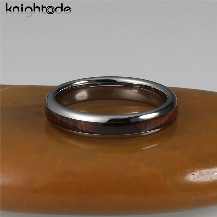 4mm Silvery Tungsten Carbide Rings Deep RoseWood Inlay For Men Women Wedding Band Domed Polished Comfort Fit