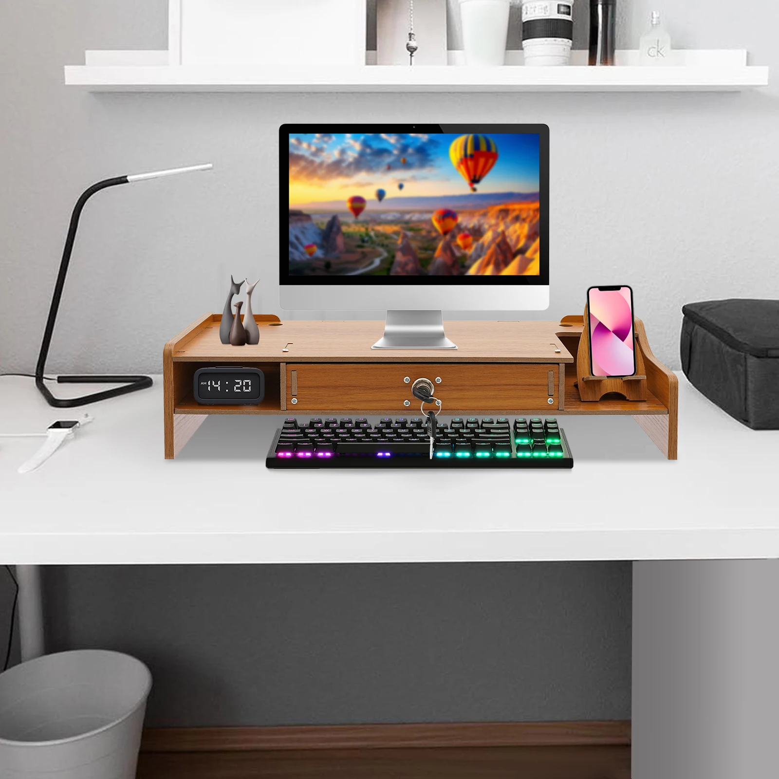 Computermonitorstandaard Computerrek met telefoonhouder Tafelblad Monitorstandaard Desktop Organizer Hout voor huizen, kantoren