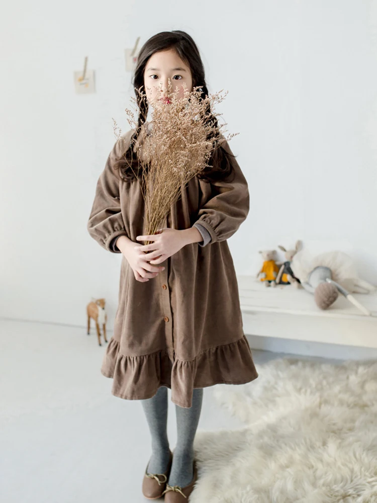 6 To 25 Years , 2024 New Autumn Midi Long Corduroy Dress For Girls Ruffles Flounce Dresses Long Sleeves Kids Clothes Spring