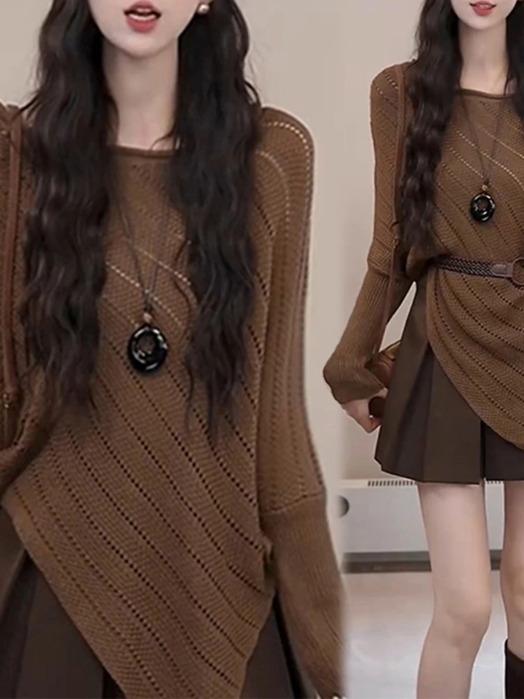 

Korean Sle Long Sve Hollow out Knitwear Asymmetrical Hemline Women's Faionable Casual Versatile Top for Autumn