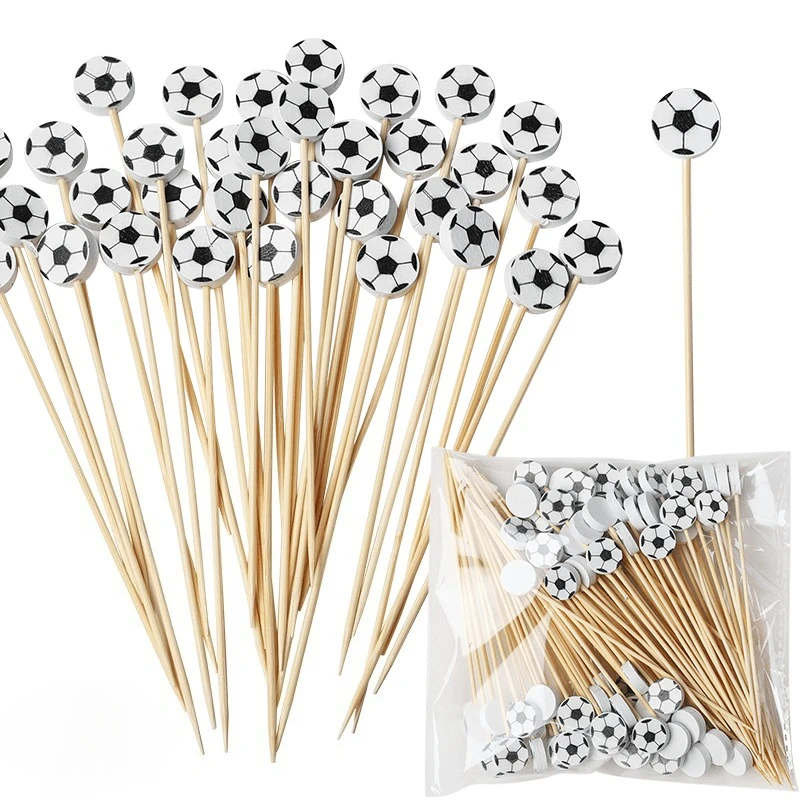 100/200Pcs Black & White Soccer-Themed Cocktail Sushi Picks Elegant Bamboo Toothpicks Perfect for Birthday Sport Theme Parties