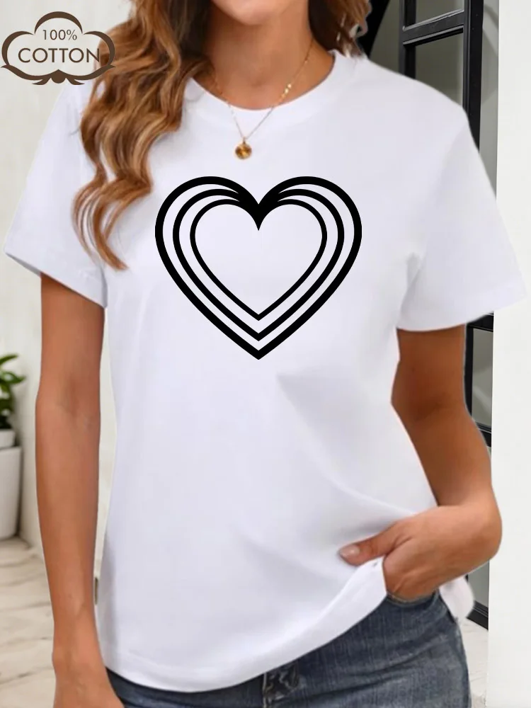 Koszulka damska z grafiką: Trzy serca połączone, 100% bawełna, okrągły dekolt, krótki rękaw, casualowa, modna bluzka na lato.