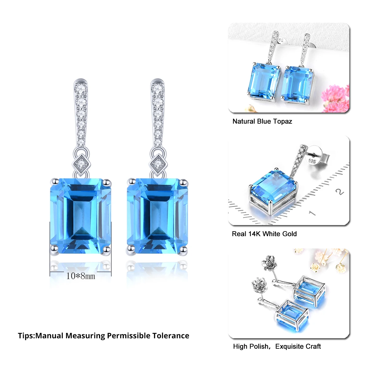 Lohaspie Customized Jewelry 8.3 Carats Natural Swiss Blue Topaz Real 14K White Gold Earrings Women Luxury Style Fine Jewelry