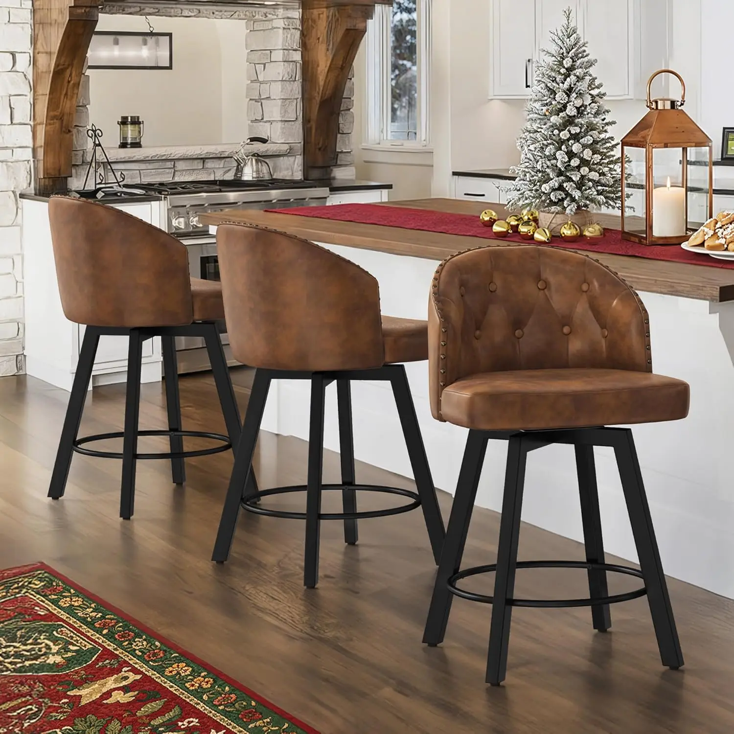 

26in Swivel Faux Leather Counter Height Bar Stool with Back Metal Legs Kitchen Dining Pub Brown, Customized