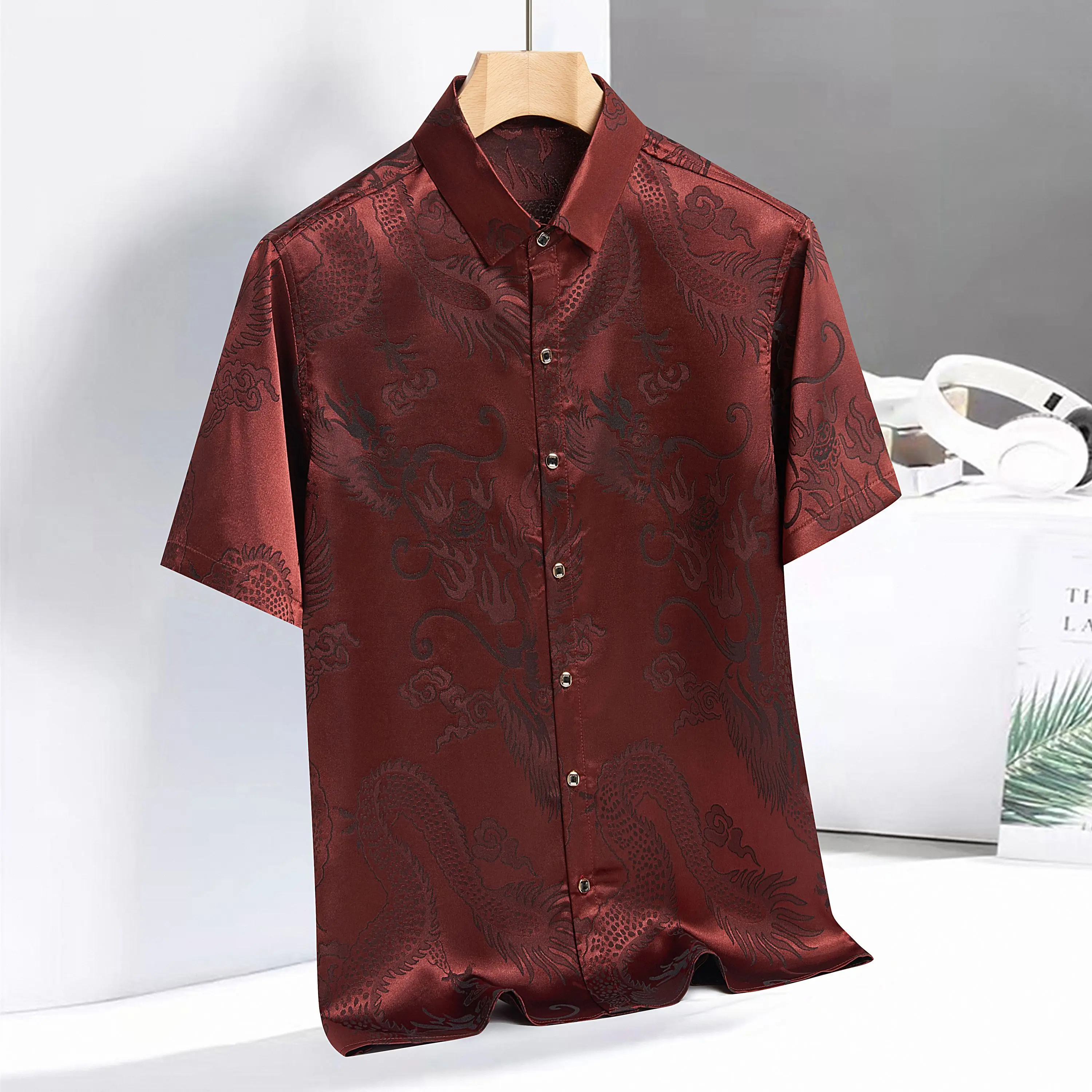 Vintage Chinese Dragon Print Tang Suit Shirt Tops Traditional Clothing For Men Silky Kungfu Blouse Cheongsam Top Hanfu Men