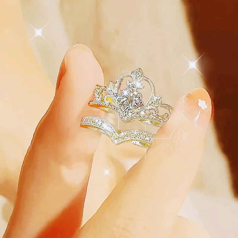 2PCS Crystal Crown Adjustable Ring Irregular Geometry Vintage Rings Set for Women Girls New Fashion Jewelry image 3