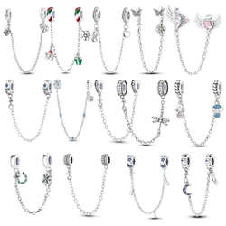 925 Sterling Silver 9 Models Zircon Safety Chain Charms Bead Fit Pandora 925 Original Bracelets Bead Dangle Women Jewelry