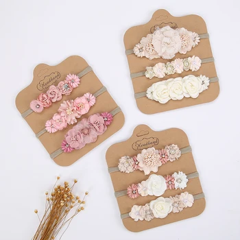 3Pcs/Set Artificial Flower Baby Headbands Girls Rhinstone Nylon Hair Bands Kids Mini Ins…