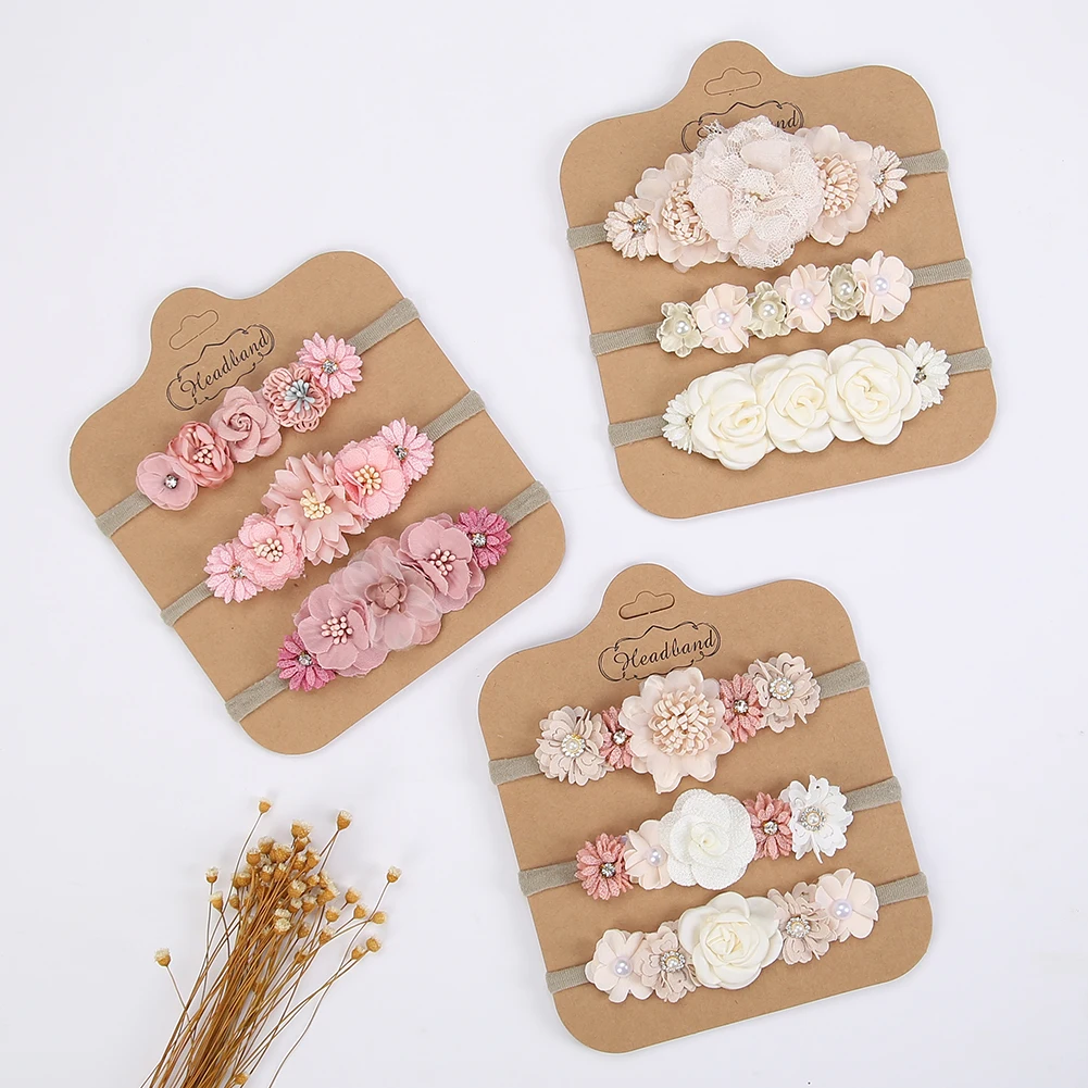 3 sztuk/zestaw sztuczny kwiat opaski dla dzieci dziewczyny Rhinestone nylonowe opaski do włosów dla dzieci Mini Ins fotografia rekwizyty moda dla dzieci nakrycia głowy