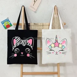 Cute Unicorn Cat Canvas Tote Bag Student Cartoon Animal Shopping Bag Women Fashion Animal Graphic Handbag Side Bag for Ladies