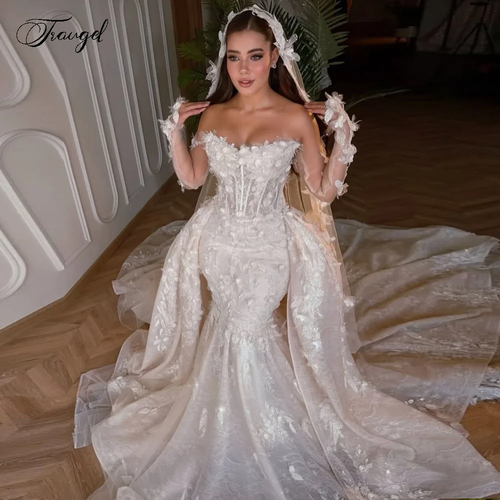 

Customized Strapless Sexy Mermaid Wedding Dresses Lace Appliques 3D Flowers Vestido De Novia Detachable Train Robe De Mariee