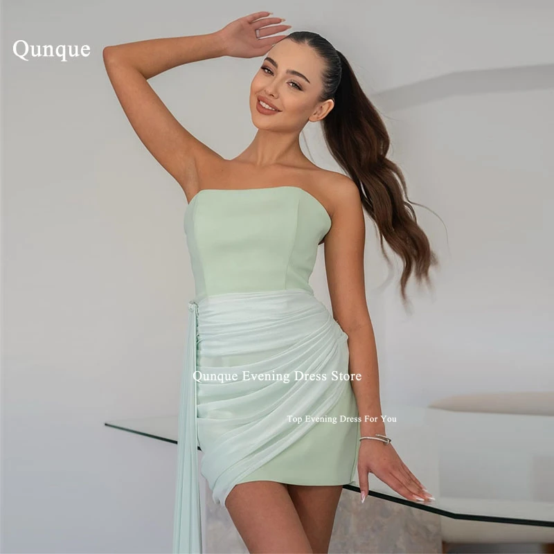 Qunque فساتين حفلة موسيقية قصيرة بدون أكمام مع ثنى أخضر نعناعي مطوي رداء حفلات صغير فيستدوس دي فييستا فستان عيد ميلاد مخصص