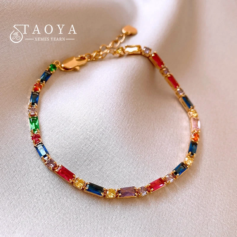 

Dopamine Colored Zircon Design Gold Color Chain Bracelet 2024 Fashion Set Jewelry Luxury Accessories For Women's Wedding Parties