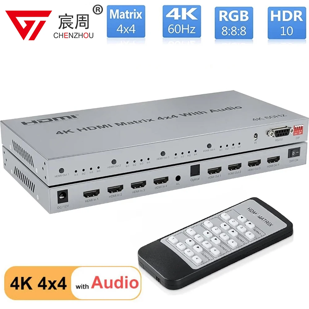 

4K@60Hz HDMI Matrix Switch 4x4 with Audio Extractor 4 in 4 out HDMI 2.0 Matrix Switcher Splitter Selector box HDR HDCP2.2 18Gbps