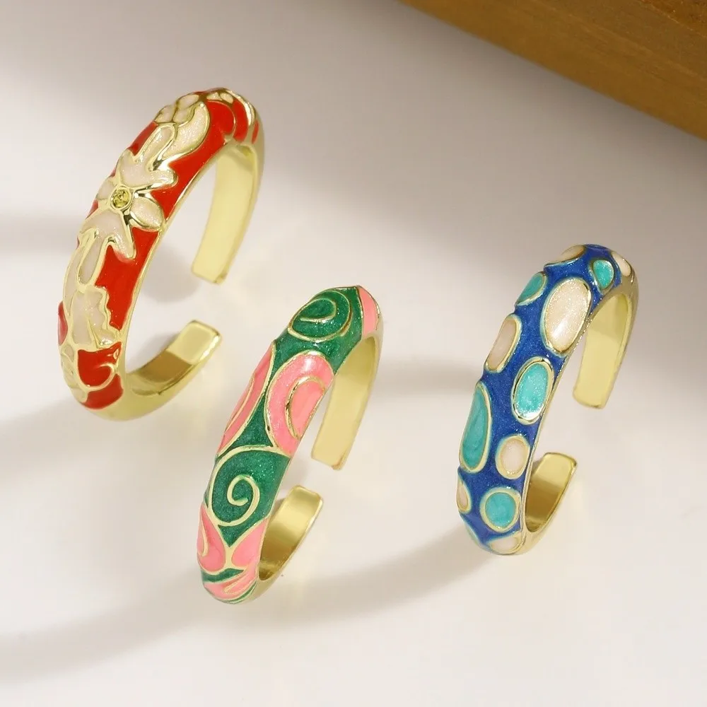 Minimalist Chinese Style Drip Oil Ring Colorful Vintage Enamel Statement Ring Adjustable Ethnic Floral Pattern Ring Engagement