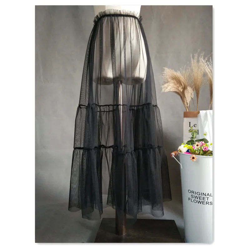 

Spring Summer New Mesh See Through Tulle Skirts Women Korean Fashion Black White Elastic High Waist Cover Up Ruffled Skirt