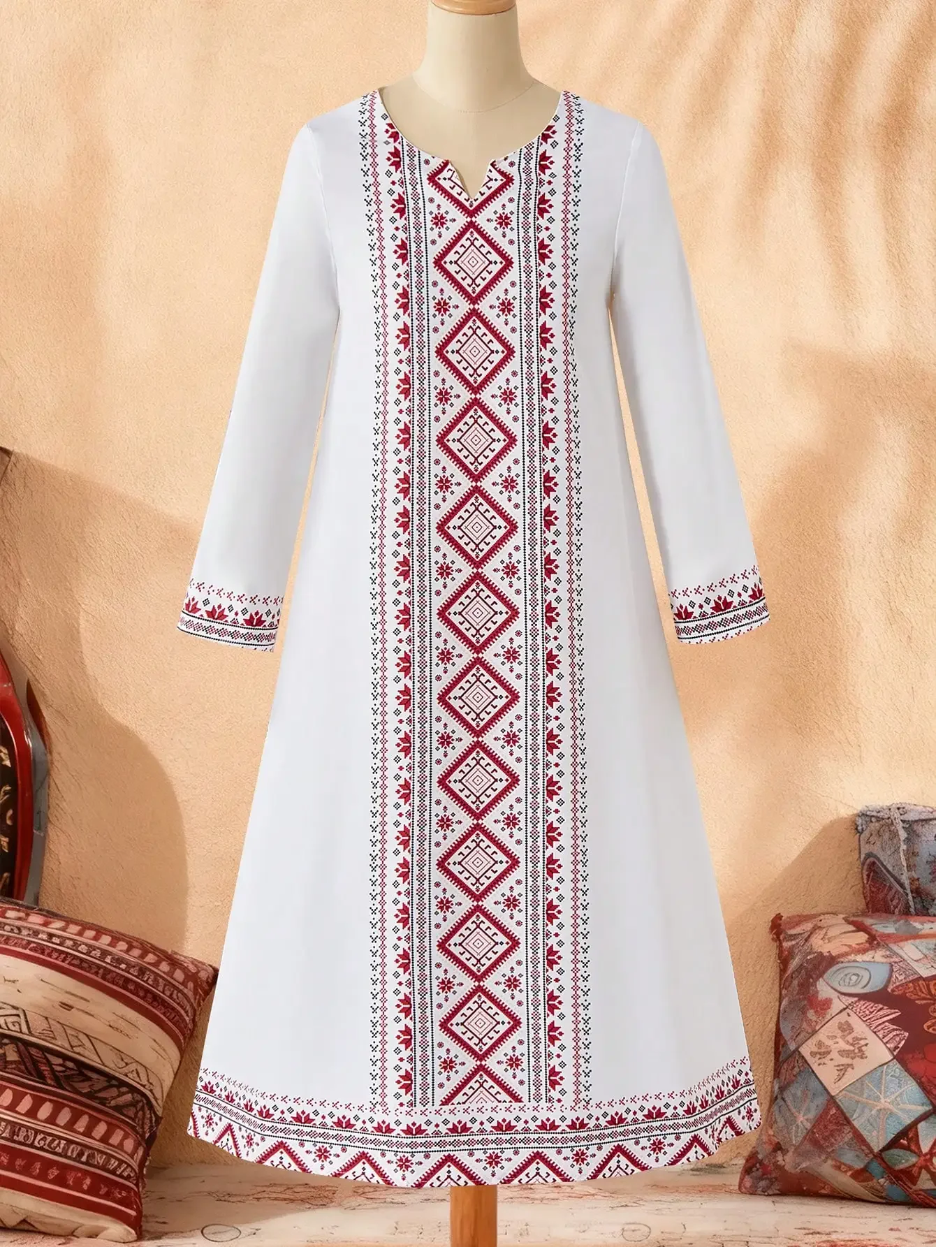 

Women Traditional Middle Eastern Style Geometric Print Long Sleeve Flare Dress
