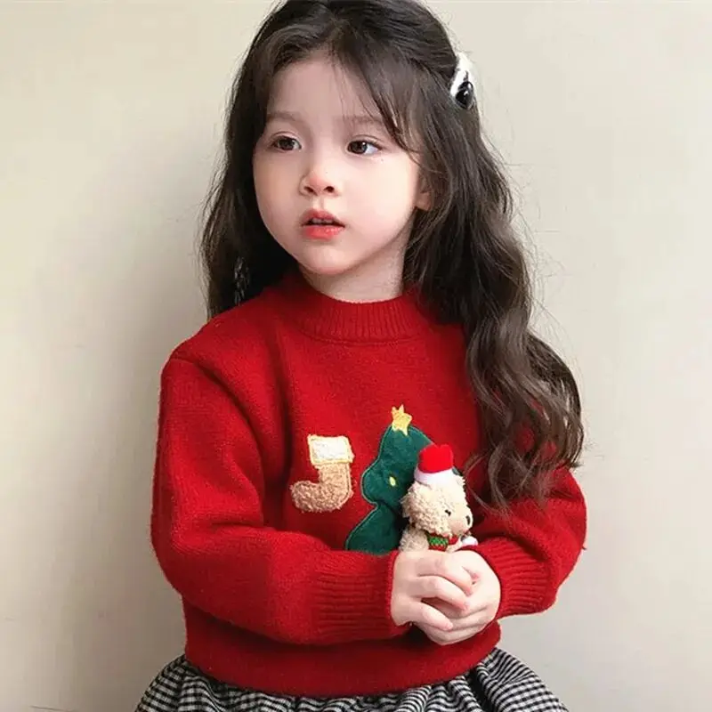 Girls' Knitted Sweater Autumn/Winter Bear New Style Children's Baby Western Christmas Sweater