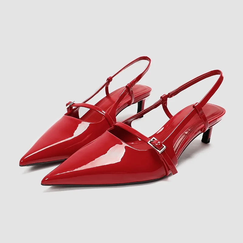 

Pointed Closed-Toe Slingback Sandalias De Mujer Verano Kitten Mid Heels Solid Color Patent Leather Luxury Women's Shoes New 2024