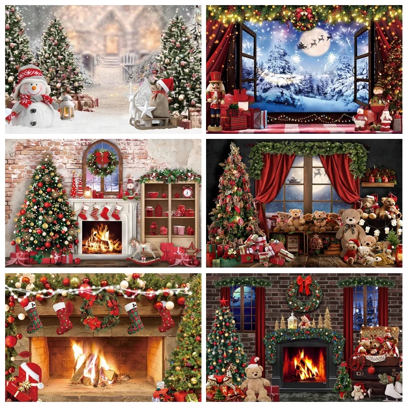 

Christmas Fireplace Photography Backdrop Xmas Tree Gift Wreath White Brick Wall Background Family Festival Party Photo Studio