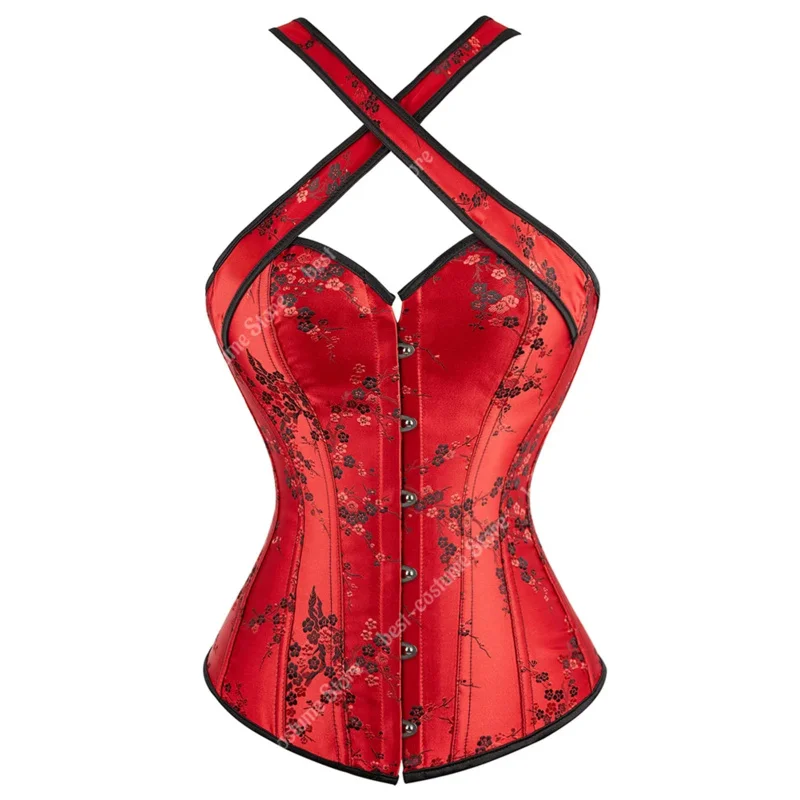 Corset Top Bustier Halter Straps Vintage Gothic Corset for Women Overbust Burlesque Costume Floral Corset Waist Black Red RZ4864