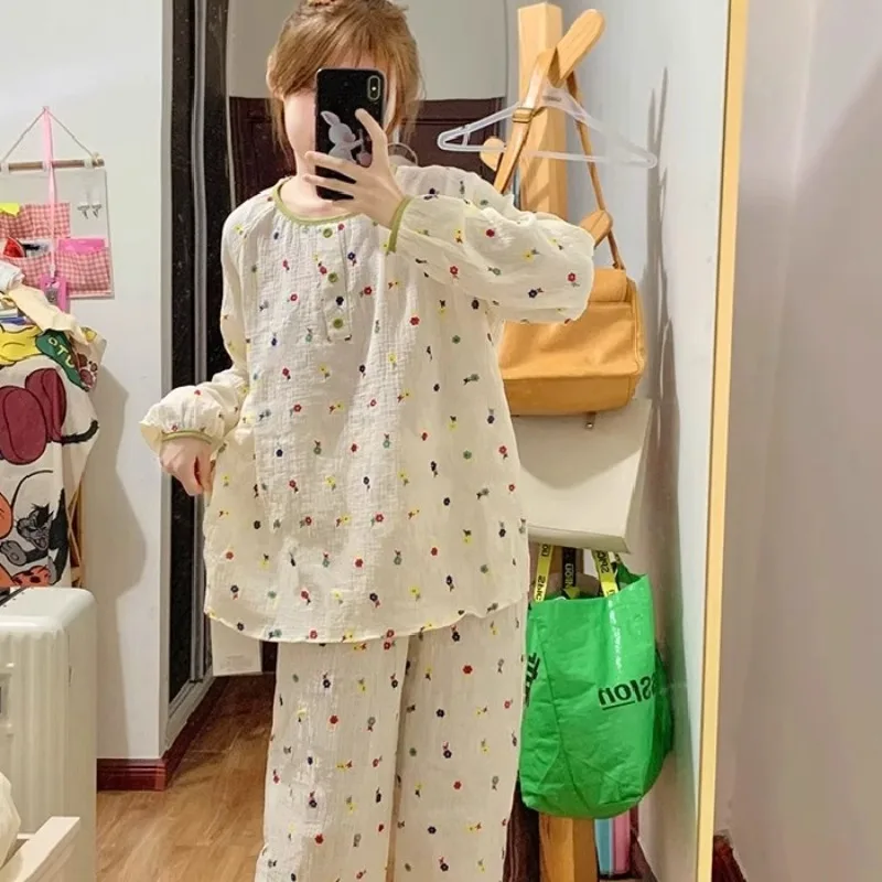 Conjunto de pijama de manga larga para mujer, de 2 piezas ropa de casa, suave, holgada, Popular, coreana