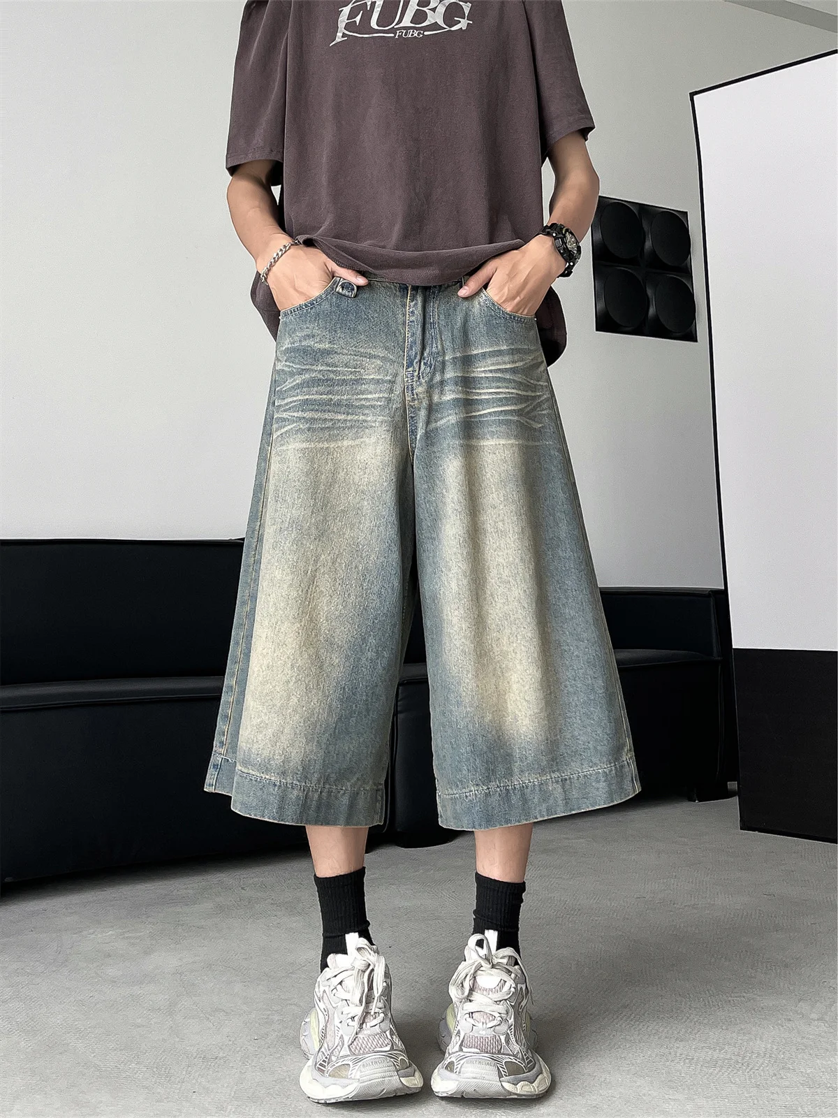 

Мужские джинсы-шорты в американском ретро-стиле, широкие, свободные, прямые, повседневные, летние, модные, в стиле High Street