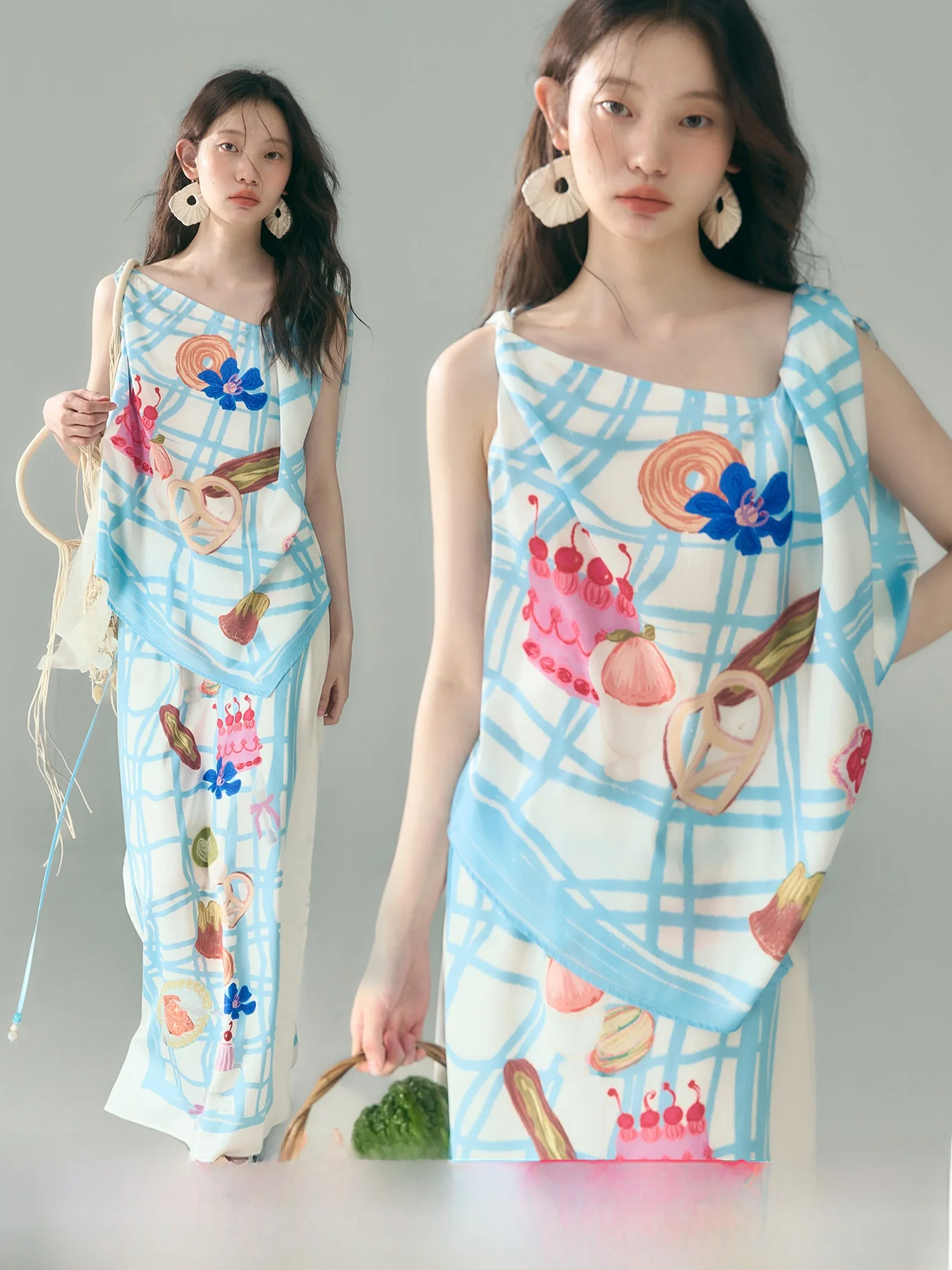 

Атласный комплект из топа и юбки с принтом вместе для пикника, юбка трапециевидной формы с высокой талией, женский наряд