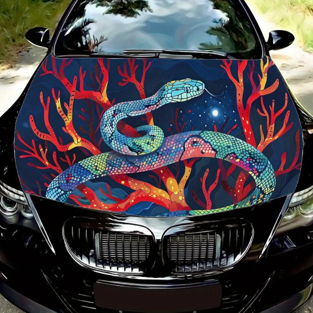 

Cool Colored Psychedelic Snakes Hovering on The Red Branches, Cool, Fun，Car Vinyl Wraps, Engine Hood Decal Sticker, Splash-Resis