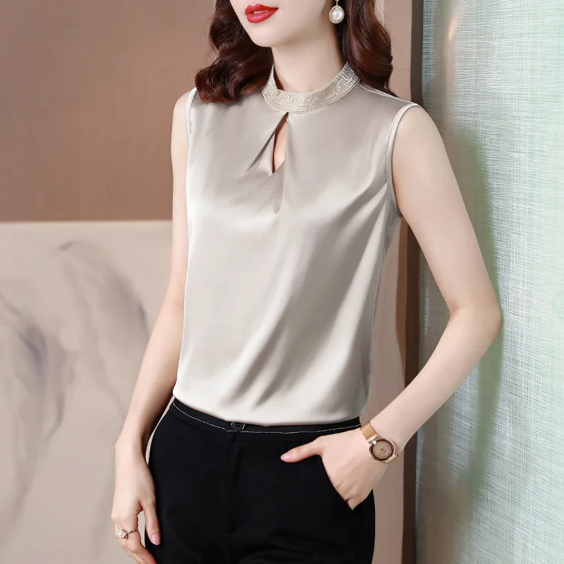 Women Clothing Sleeveless Solid Chiffon Blouse Summer Casual Elegant Fashion Pullovers Office Lady Loose O-neck Chic Thin Tops