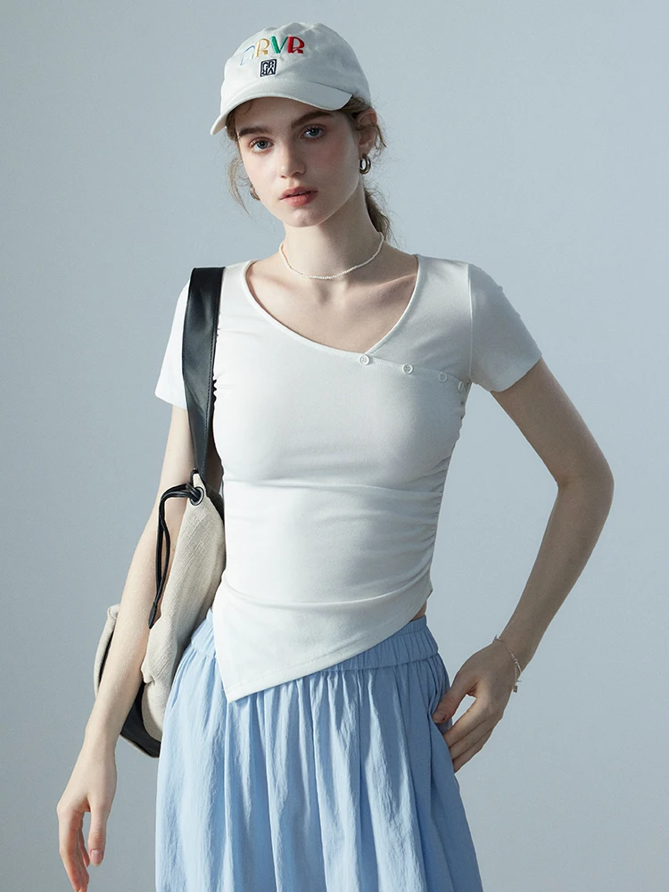 

EGGKA Однотонная женская футболка с коротким рукавом, летняя новинка, модный асимметричный дизайн, приталенная, подчеркивающая талию