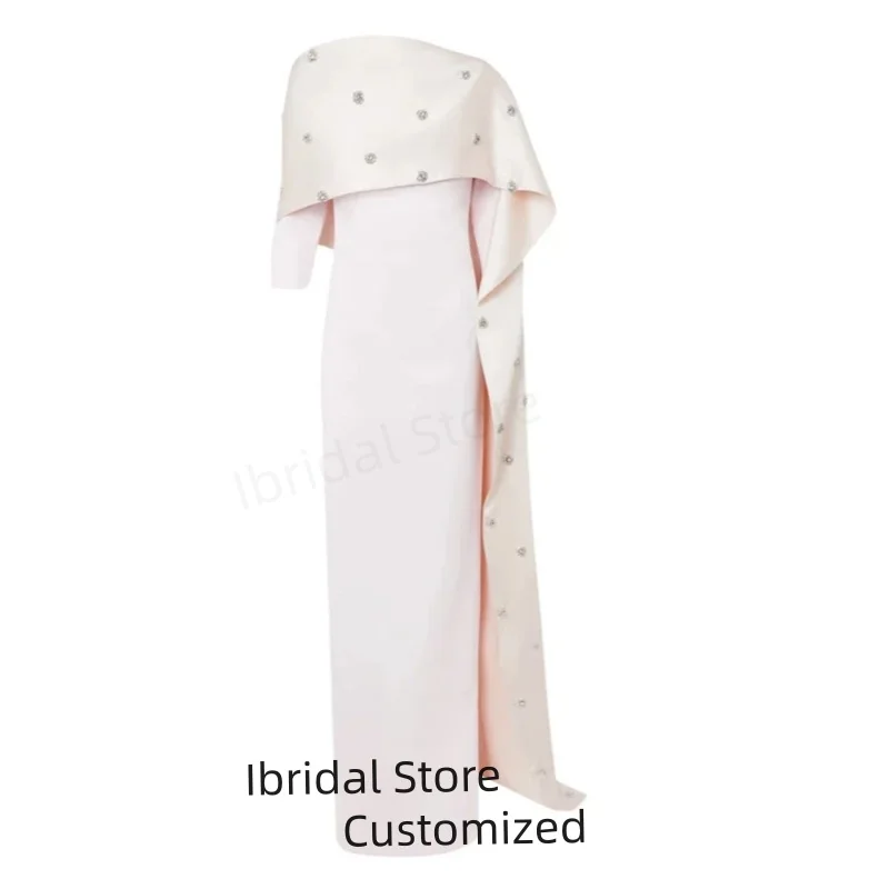 Maßgeschneidertes rosafarbenes klassisches O-Ausschnitt-Halbarm-Meerjungfrau-Abschlussballkleid für Damen, bodenlang, Sweep-Zug, Kristall, luxuriöses langes Abendkleid