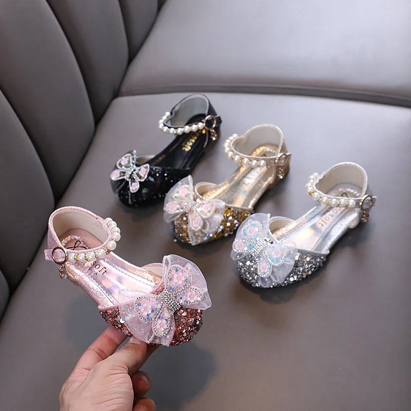 AINYFU Summer Girls Sequins Princess Sandals Children Lace Bow Pearl Sandals New Baby Kids School Party Shoes Size 21-36 J319