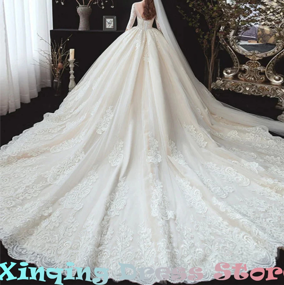 luxury and Exquisite V-Neck Satin 3/4 Sleeves Wedding Dress Lace Up Back Appliques Floor Length A-Line Chapel Train Pleats  2024