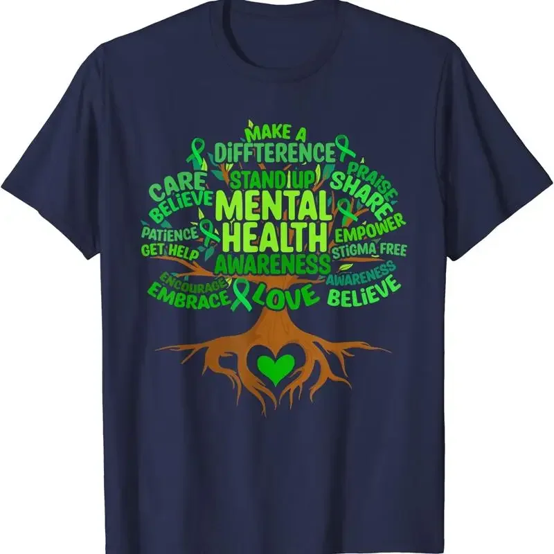 

Mental Health Awareness Tree Graphic Cotton T Shirt Soft Breathable Crew Neck Tee For Men