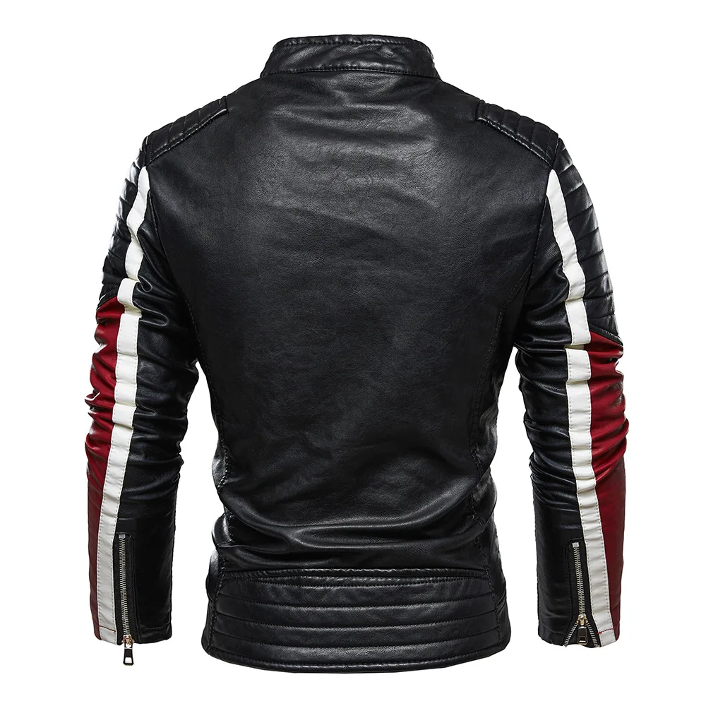 Autumn Winter Man Leather Jacket New Contrast Color Stand Collar Male Plush Coat Thicken Windproof Long Sleeve Men Outerwear